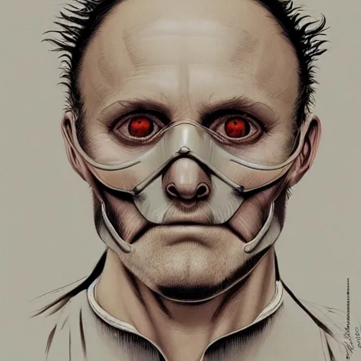 Image similar to hannibal lector, in the style of gerald brom, symmetry, smooth, sharp focus, semi - realism, intricate detail