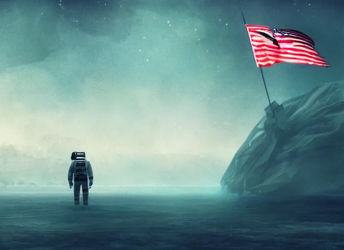 Image similar to astronaut holding a flag in an underwater desert. a submarine is visible in the distance. dark, concept art, cinematic, dramatic, atmospheric, 8 k, trending on artstation, blue, fish, low visibility, fog, ocean floor, christopher nolan, interstellar