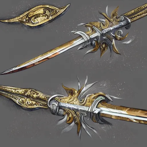 Prompt: concept art of silver gold sword weapon, sword design, fantasy sword, fantasy, behance, pinterest, deviantart, artstation, weapons concept art, design, rpg, weapon, detailed, digital art, incredible, digital painting