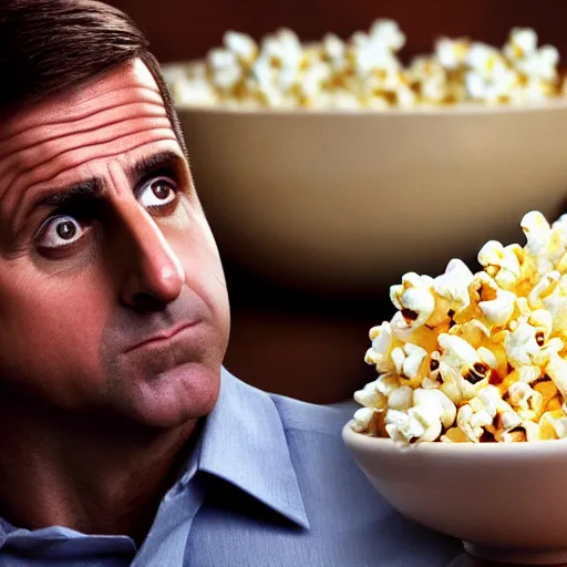 Prompt: steve carrell eating a bowl of popcorn, front facing, realistic, hyperrealistic, ultra realistic, real, real world, highly detailed, very detailed, extremely detailed, intricate details, 8 k resolution, hd quality