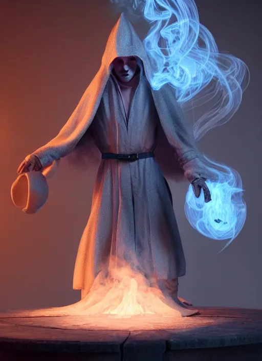 Image similar to slose - up shot, highly detailed stunning image of ghost sorcerer full body!! 3 d octane render, unreal engine, hyper realistic, realistic, soft illumination, surrounded in dask wispy smoke!! trending artstation