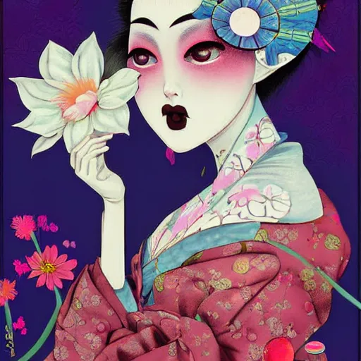 Image similar to digital painting of an pastle goth geisha by terese nielsen, mark ryden, amy sol in the style of, vintage shoujo, fantastic planet, 6 0 s poster art, minimalist poster art, flowers, stipple art, artgerm