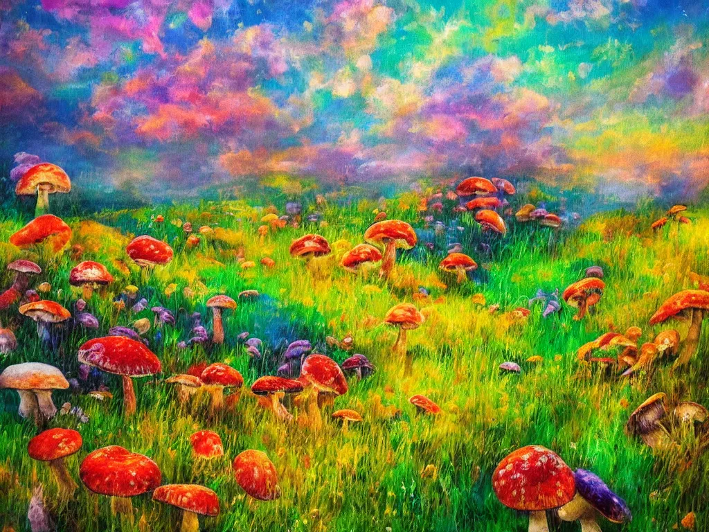 Image similar to an impressionist painting of a gorgeous meadow filled with colorful mushrooms with a stream flowing through it, psychedelic colors, colorful sky in background, trending on artstation