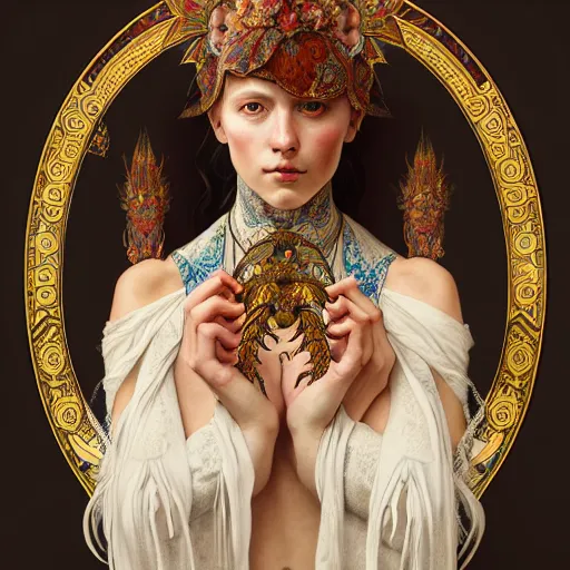 Image similar to a portrait of a female dear hybrid, upper half portrait, decorated with russian motifs, russian shaman, siberia, traditional russia, intricate, elegant, highly detailed, symmetry, headpiece, digital painting, artstation concept art smooth sharp focus, illustration, art by artgerm and greg rutkowski alphonse mucha 8 k