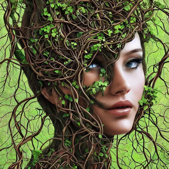 Prompt: beautiful nature goddess portrait, half nature half robot, entwined in vines, branches and ivy, dark forest theme, highly detailed, elegant, hyper - realistic