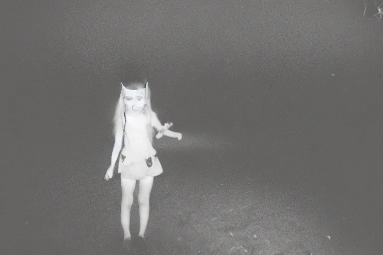 Prompt: anime catgirl caught on trailcam at midnight, low light photograph