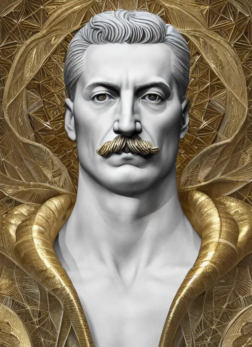 Image similar to a statue made of white marble with gold veins, of josef stalin, transhumanism, full body shot, perfect symmetrical body, perfect symmetrical face, hyper realistic, hyper detailed, by johannen voss, by peter kemp, by monia merlo, by michelangelo, by ernst haeckel, by alex grey, octane render, blender, 8 k