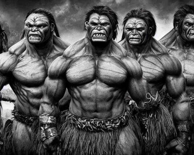 Prompt: hyper realistic group vintage photograph of an orc warrior tribe in the jungle, tall, muscular, hulk like physique, tribal paint, tribal armor, grain, old