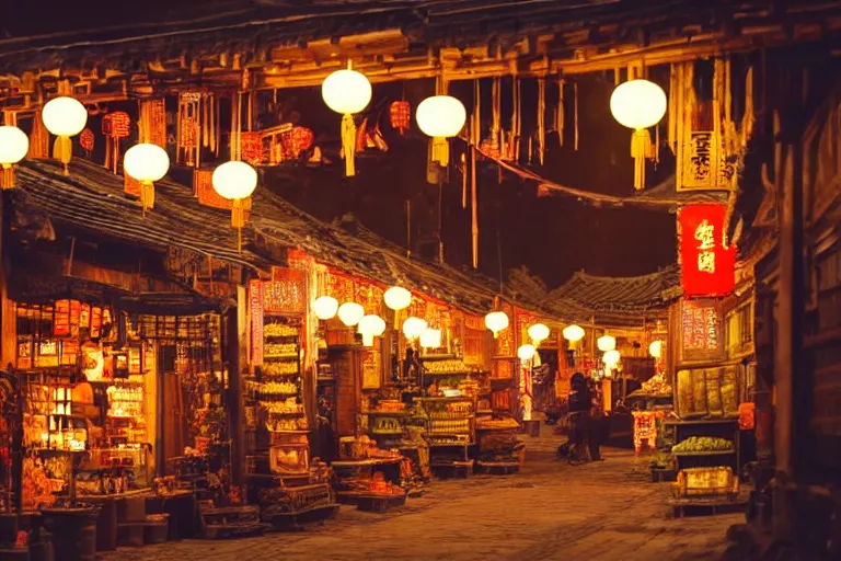 Prompt: Miniature of a rustic chinese street with shops, glowing lamps