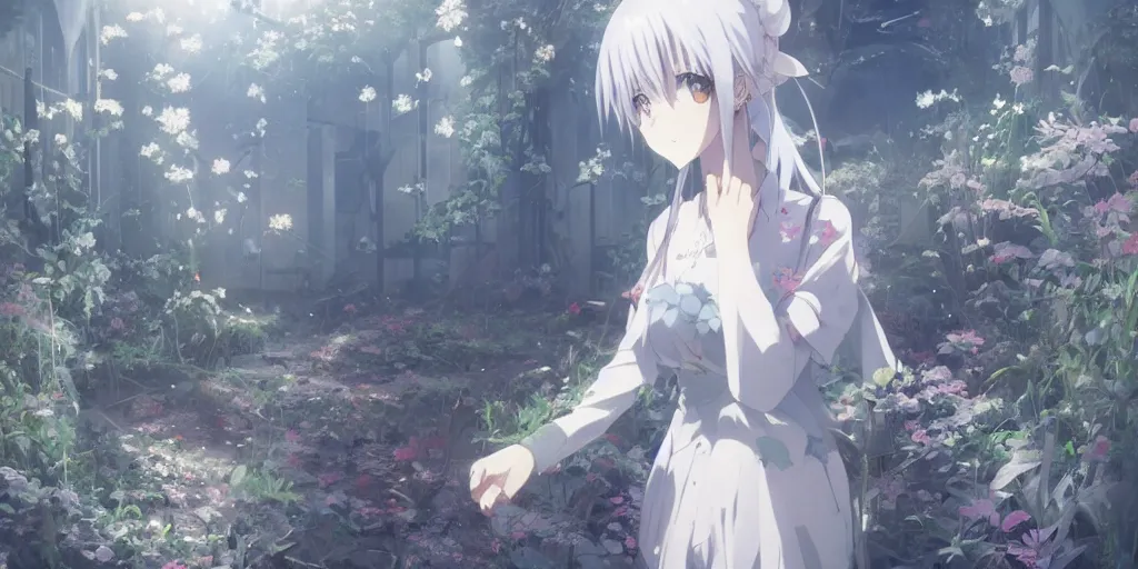Prompt: anime kyoto animation key by greg rutkowski night, single white hair girl in abandoned chapel with overgrown flowers and plants