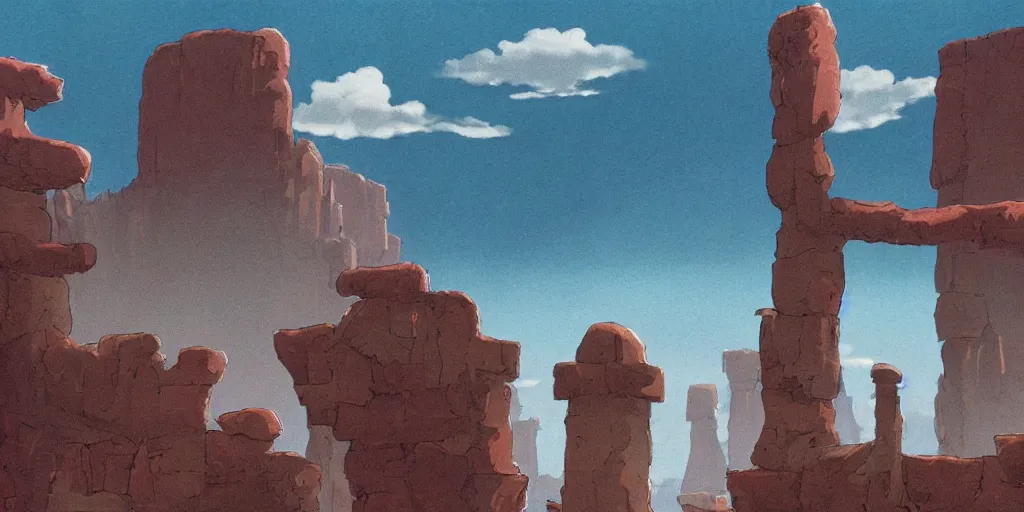 Image similar to a realistic cell - shaded studio ghibli concept art from paprika ( 2 0 0 6 ) of shouxing from close encounters of the third kind ( 1 9 7 7 ) in a flooded monument valley stonehenge. very dull colors, wide shot, hd, 4 k, hq