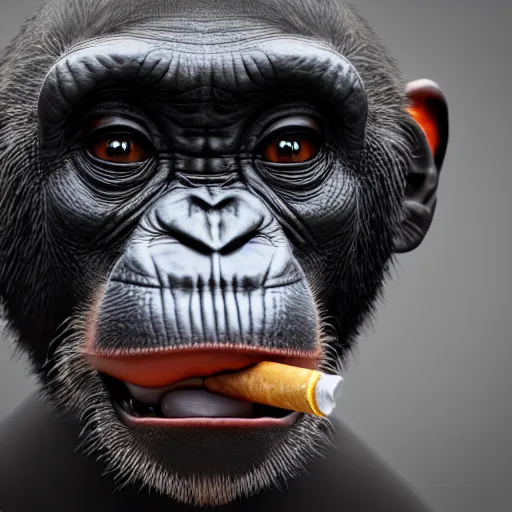 Image similar to a high detail closeup shot of a chimp wearing a suit 👔,and smoking a cigarrette🚬, cgcosiety, artstation, unreal engine, realism