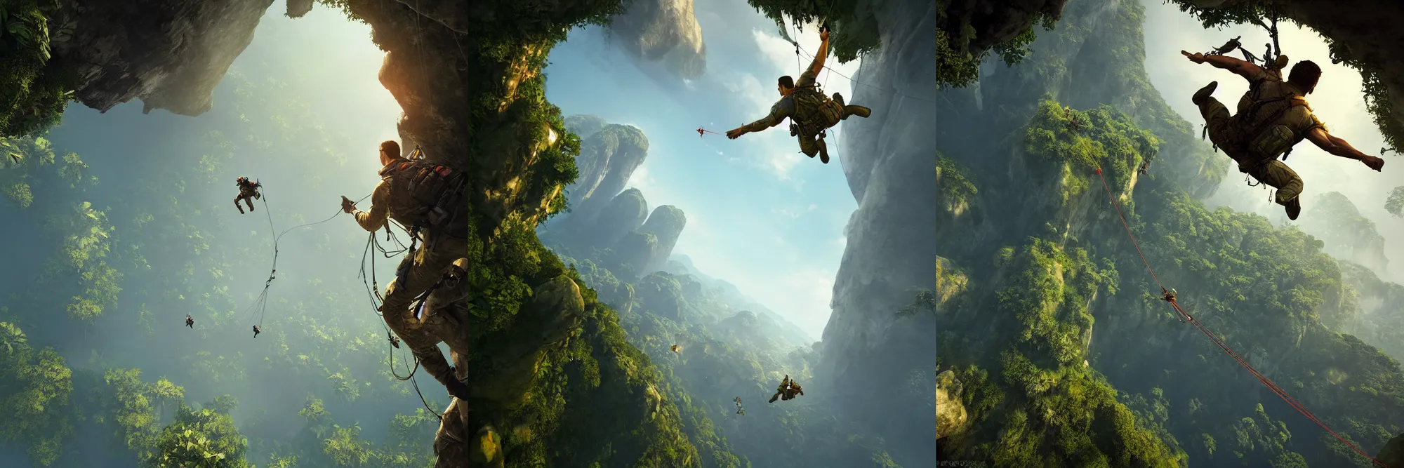 Prompt: upward view of only one single lone parachuting soldier in descent, view from jungle upward, rule of thirds, dramatic lighting, highly detailed, artstation, unreal engine, matte painting in the style of craig mullins, Uncharted 4