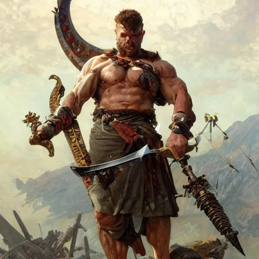 Prompt: muscular male barbarian stabbing the sky, intricate details, large sword, by Stanley Artgerm Lau, by greg rutkowski, by thomas kindkade, by alphonse mucha, loish, by norman rockwell J.