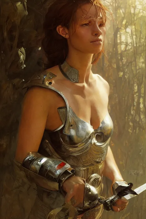 Image similar to an upper body portrait of a female knight, oil painting, by Fernanda Suarez and and Edgar Maxence and greg rutkowski and julie bell