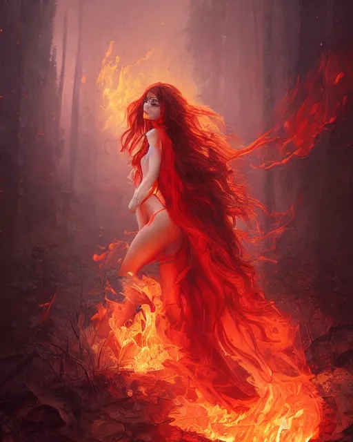 Prompt: red eyed beautiful long haired girl, fire dress, full body photo, flames everywhere, highly detailed, digital painting, artstation, concept art, smooth, sharp focus, illustration, art by artgerm and greg rutkowski and alphonse mucha