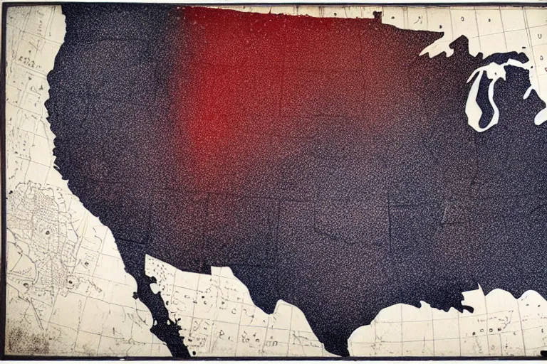 Image similar to map of united states torn in two burning,linocut, moody, Karolis Strautniekas, Mads Berg, stippled light, dramatic lighting,editorial illustration, detailed,fine texture, matte print,dynamic composition,dark blue+dark red+dark +beige+white+black