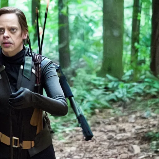 Image similar to movie still of Steve Buscemi as Katniss in The Hunger Games