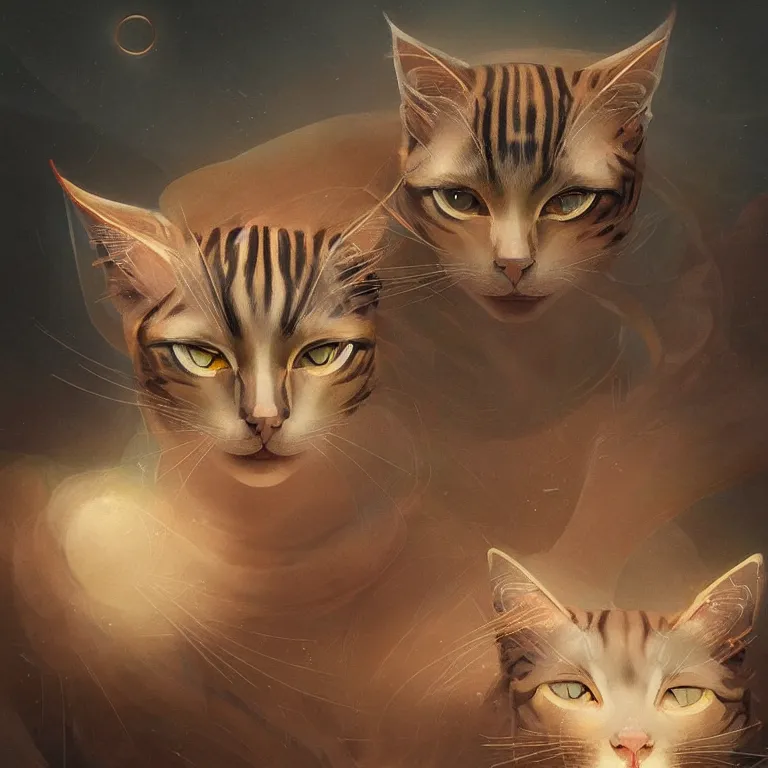 Image similar to breathtaking detailed concept art painting art deco portrait of a feline goddess amalgamation cats, by hsiao - ron cheng, bizarre compositions, exquisite detail, extremely moody lighting, 8 k