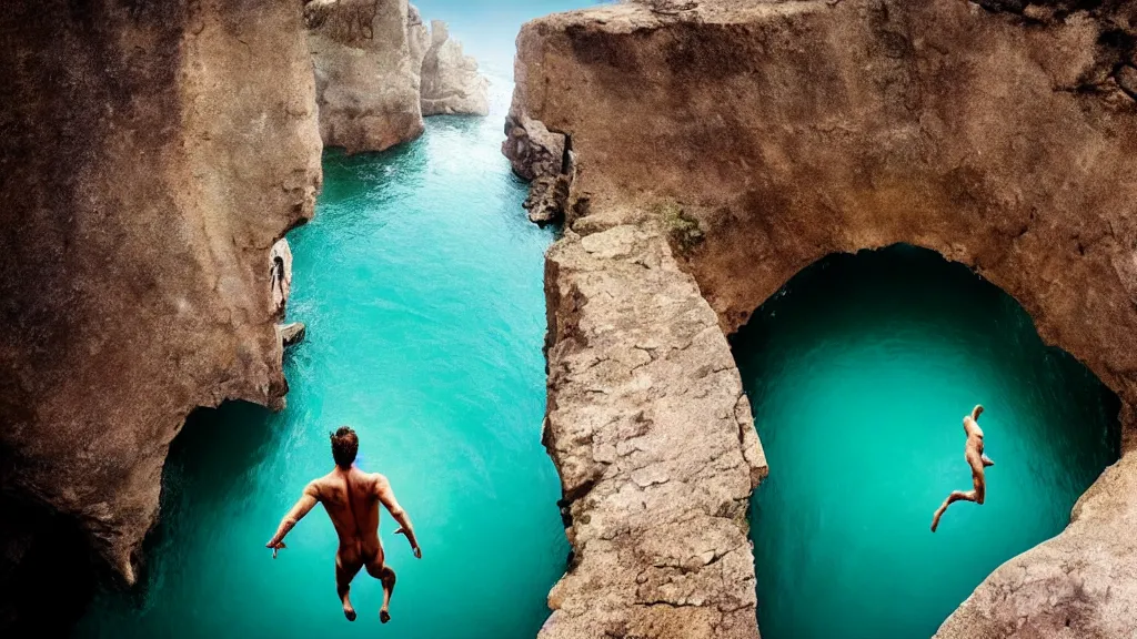 Image similar to a man cliff jumping into waters that are actually a portal to another dimension, film still from the movie directed by Denis Villeneuve with art direction by Salvador Dalí, wide lens