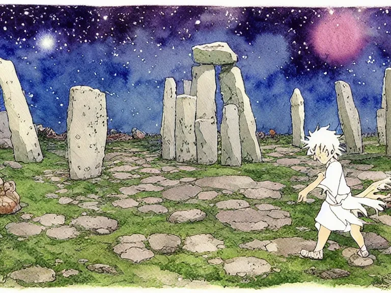 Image similar to a simple watercolor studio ghibli movie still fantasy concept art of a giant wizard playing with stones like they are toys in a tiny stonehenge. it is a misty starry night. by rebecca guay, michael kaluta, charles vess