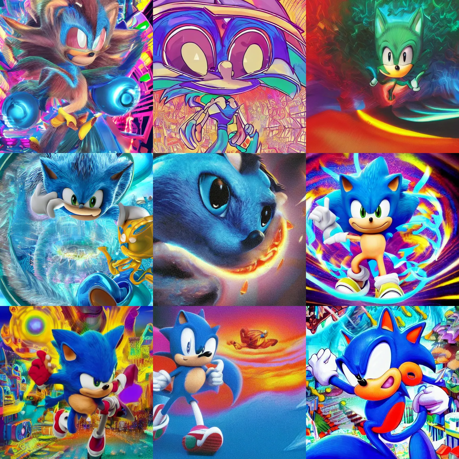Prompt: close up sonic the hedgehog in a surreal, soft, neon, glossy, professional, high quality airbrush art mgmt shpongle album cover of a chrome dissolving LSD DMT blue sonic the hedgehog surfing through vaporwave caves, checkerboard horizon , 1980s 1982 Sega Genesis video game album cover