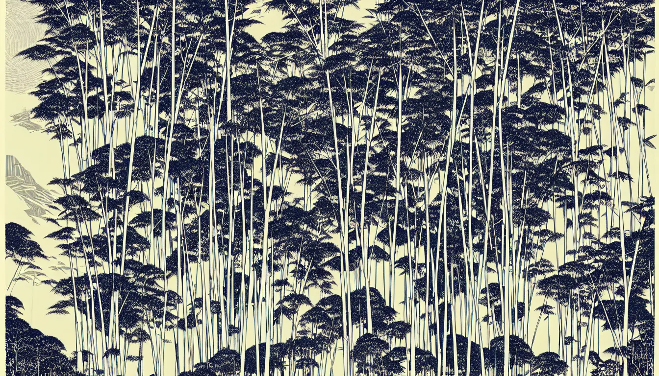 Prompt: bamboo and trees by woodblock print, nicolas delort, moebius, victo ngai, josan gonzalez, kilian eng