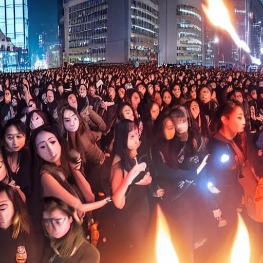 Image similar to 4 k wide angle gigantic army of instagram models surrounding the futuristic chinese tik tok headquarters during a protest with torch lighting at dusk