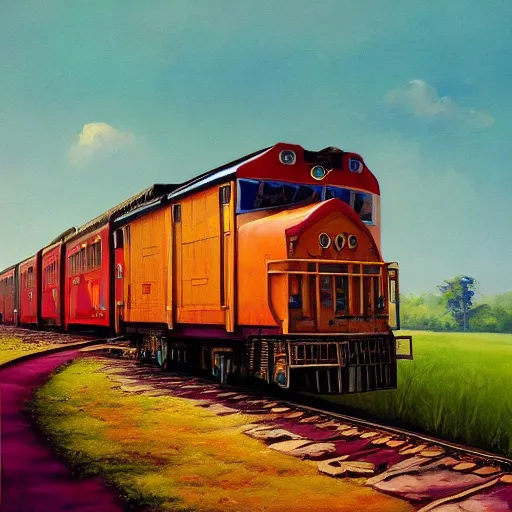 Image similar to a beautiful painting of a train traveling in india by greg rutkowsk and adonna khare, wes anderson, trending on artstation