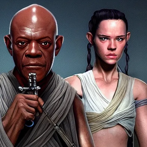 Image similar to a picture of rey and mace windu combined, detailed, 4 k, realistic, accurate