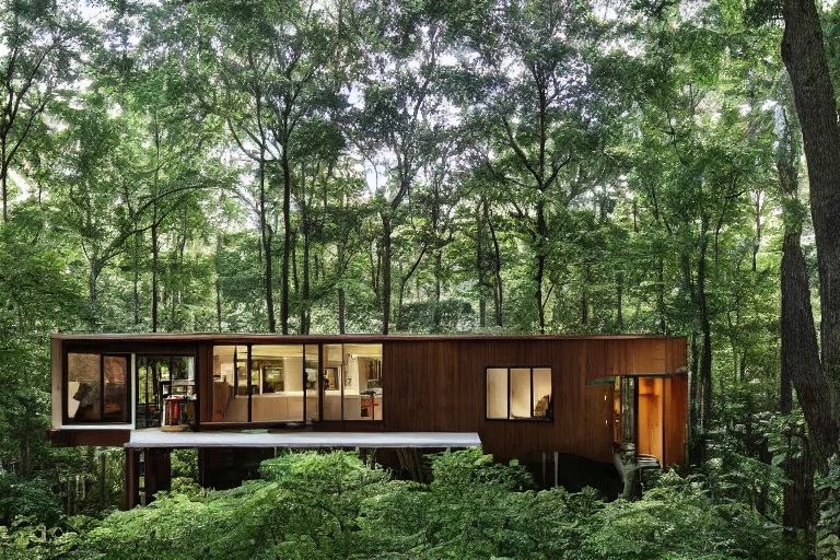 Image similar to mid - century modern home, three stories with a front porch and balcony, nestled into a clearing in a forest, light shining through the foliage