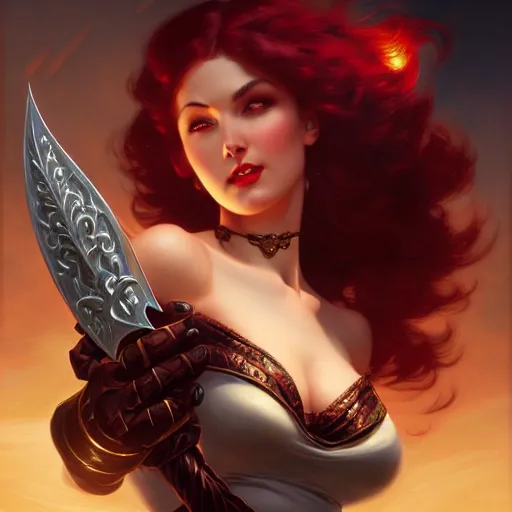 Image similar to of Katarina from League of Legends, dark fantasy, medium shot, intricate, ornate, elegant, highly detailed, digital painting, volumetric light,, artstation, concept art, smooth, sharp focus, illustration, art by Gil elvgren and charlie bowater and greg rutkowski and alphonse mucha