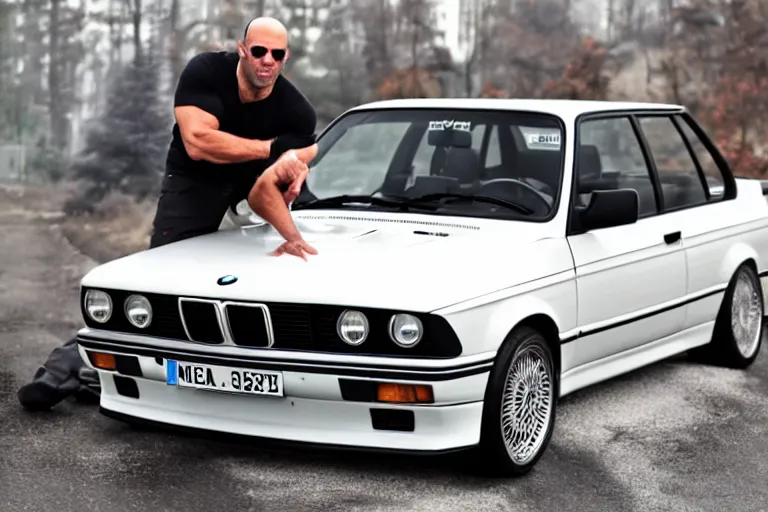 Image similar to Angry Jason Statham lifts BMW e30 that sits above him