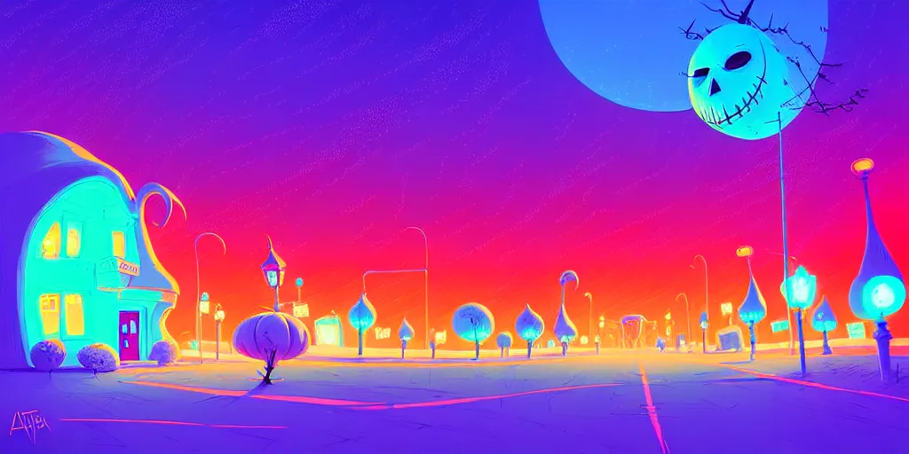 Image similar to curved perspective digital art of a summer night small town street pastel colors from nightmare before christmas by anton fadeev