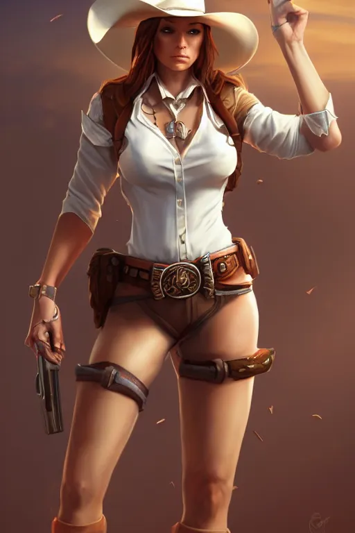 Image similar to full body, female cowgirl, perfect face, white blouse, empty gun holster, 8 k, magic the gathering, desert, d & d, artstation, high detail, smooth, muscular