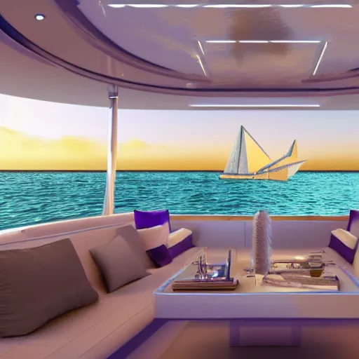 Image similar to a photorealistic, highly detailed 3 d rendering of a luxurious yacht sailing through turquoise waters