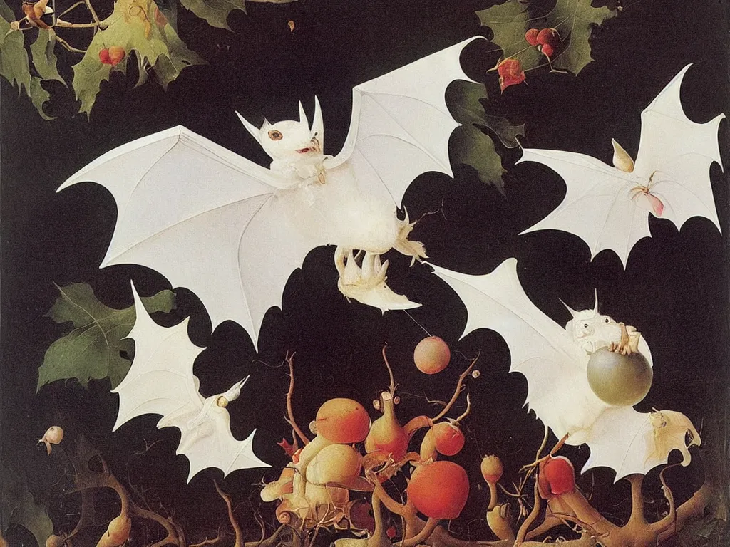 Prompt: beautiful exotic white fluffy bat, long antennae, pink eye. Painting by Jan van Eyck, Bosch, Audubon, Rene Magritte, Agnes Pelton, Max Ernst, Walton Ford