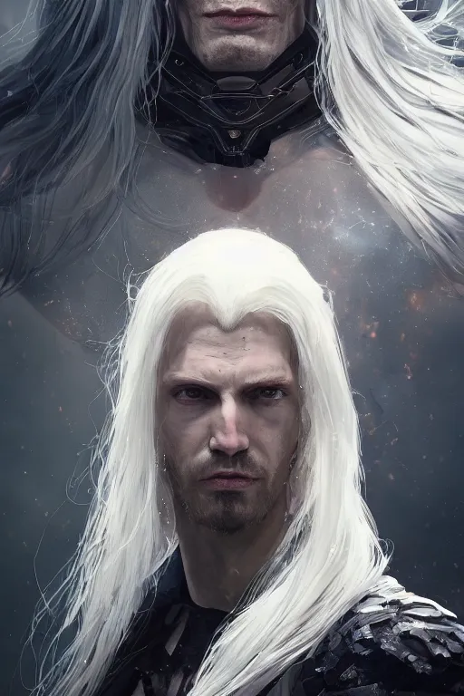 Image similar to a fancy portrait of a strong male cyborg with long white hair and pale skin with joints still visible by greg rutkowski, sung choi, mitchell mohrhauser, maciej kuciara, johnson ting, maxim verehin, peter konig, bloodborne, 8 k photorealistic, cinematic lighting, hd, high details, dramatic, dark atmosphere, trending on artstation