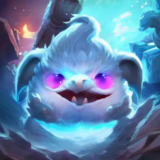 Image similar to legends of runeterra HD splash art pinterest cute small poro freljord snow soft fur happy huge tongue