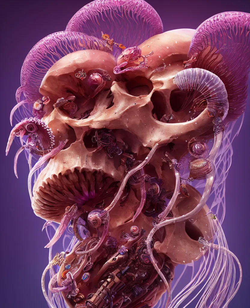 Image similar to goddess close-up portrait ram skull. jellyfish phoenix head, nautilus, orchid, skull, betta fish, bioluminiscent creatures, intricate artwork by Tooth Wu and wlop and beeple. octane render, trending on artstation, greg rutkowski very coherent symmetrical artwork. cinematic, hyper realism, high detail, octane render, 8k