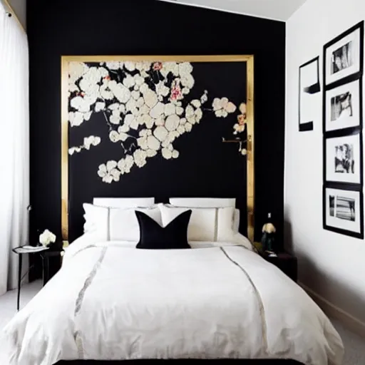 Prompt: bedroom, interior design, stylish luxury hotel bedroom design, feminine, black walls, art, vase with flowers, Japanese and Scandinavian influences