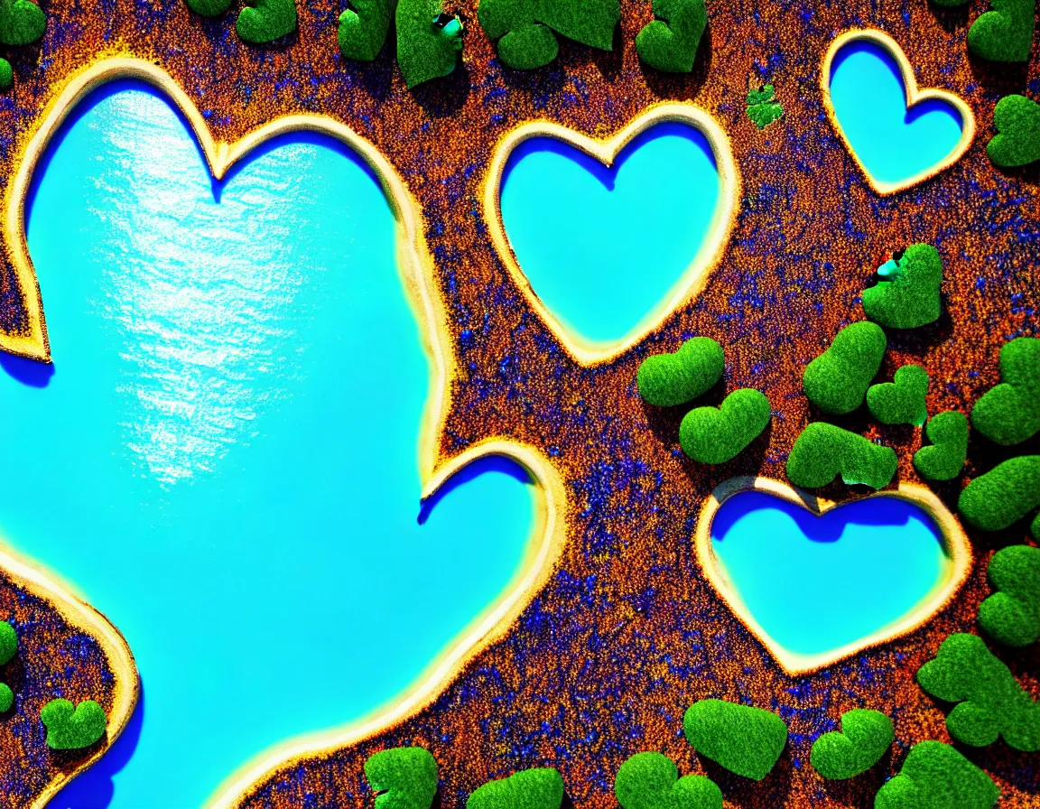 Prompt: closeup shot photo of realistic exotic tree heart / shaped island with blue lagoon and sand beach, sunset lighting