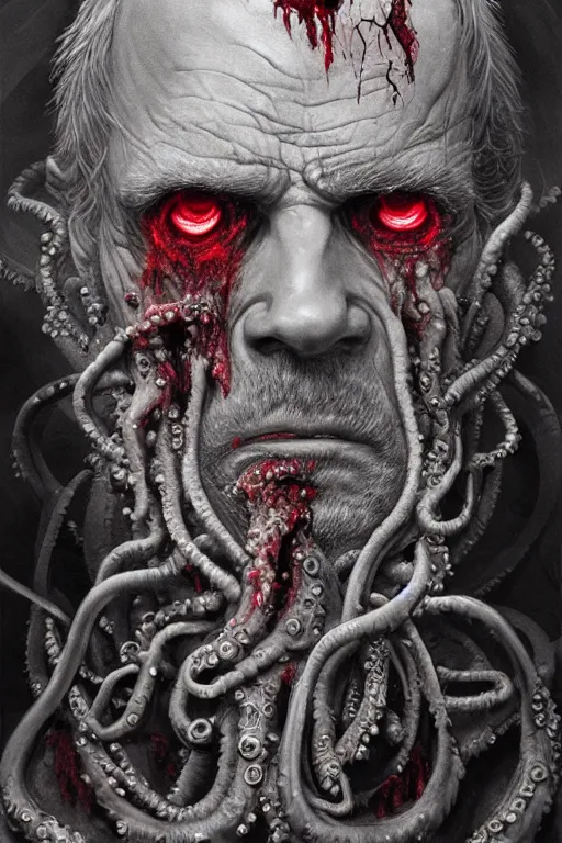 Image similar to realistic portrait of beautifully crystalized and detailed portrait of a zombie old man, tentacles, matte painting of cinematic movie scene red dragon, horror, created by gustave dore and greg rutkowski, high detailed, smooth draw, synthwave neon retro, intricate, realistic proportions, dramatic lighting, trending on artstation.