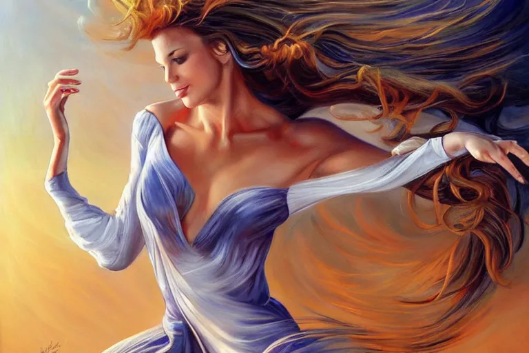 Prompt: a dancer with swirling hair is in the wind by julie bell, trending on artstation
