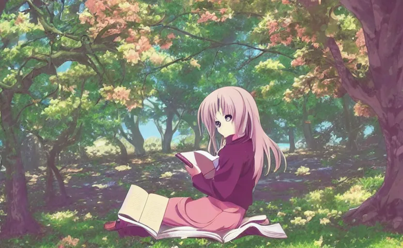 Prompt: An anime girl sitting under a tree, reading a book, anime lofi art