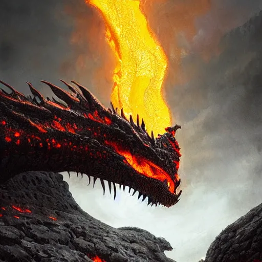 Image similar to dragon made of molten stone dripping with lava rising from the ground, digital art, highly detailed, intricate, tense atmosphere, menacing, scary, 8 k, by greg rutkowski