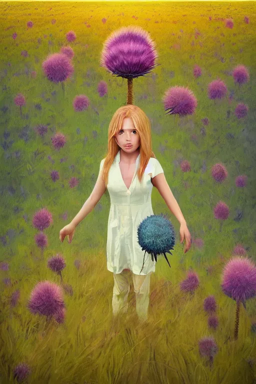 Image similar to portrait, enormous thistle flower under head, a girl in a suit in field of flowers, surreal photography, sunrise, blue sky, dramatic light, impressionist painting, digital painting, artstation, simon stalenhag