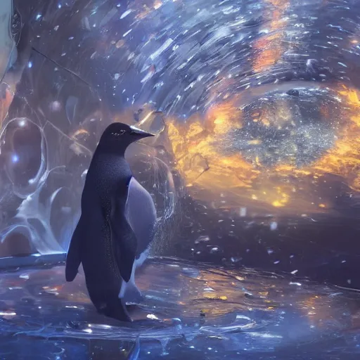Prompt: magical penguin in a space station looking at the earth , realistic cinematic, volumetric lighting, centered, symmetrical, sharp focus, digital painting, mystical art, smooth, trending on Artstation, 4k