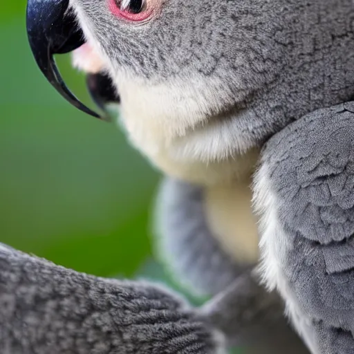 Image similar to award winning nature photograph of a parrot's beak on a koala. focus on the beak. extreme detail, hyperrealistic photo, smooth, trending on artstation