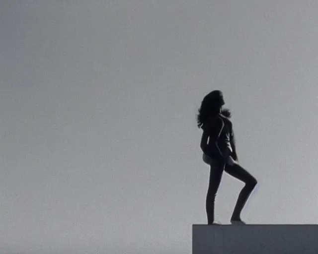 Image similar to a still of a young woman standing on a huge concrete white deck, high above the ground, of a minimalist brutalist beach house, outside view, low angle, clear sky and background, in the music video Wrapped Around your Finger (1983)